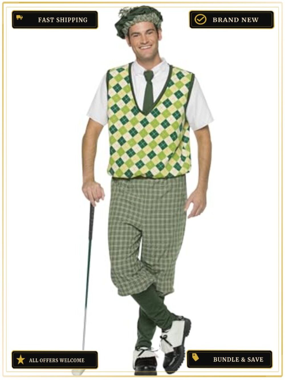 Old Tyme Golfer Costume Set Hat Sweater Tie Knickers Shoe Covers